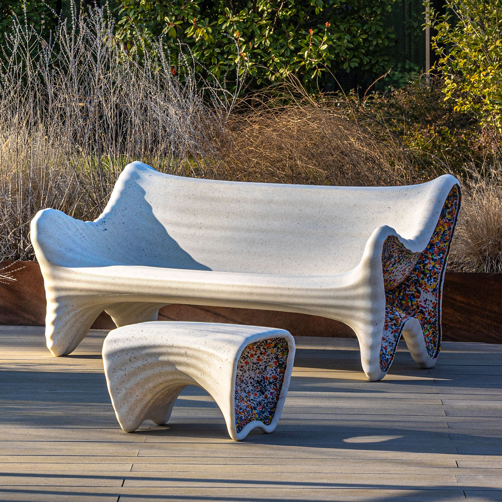 3D printed bench and stool made from recovered material